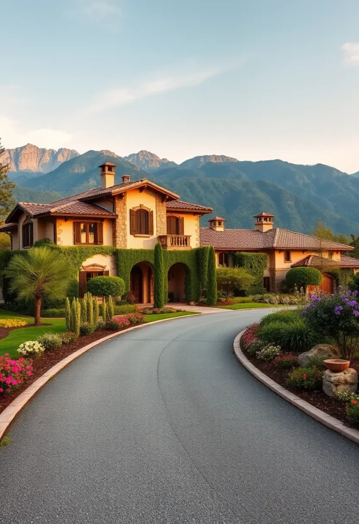 Italian villa with stone accents, terracotta roof, ivy-covered walls, curved driveway, vibrant flowers, and a mountain backdrop.