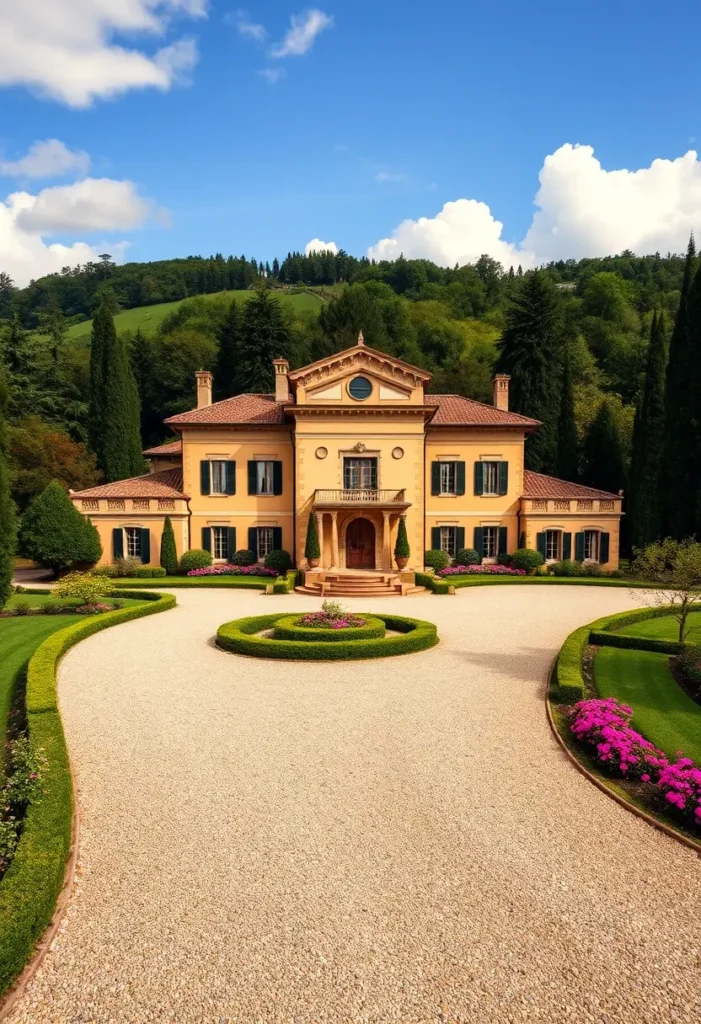 Italian villa with symmetrical architecture, ochre walls, terracotta roof, circular driveway, manicured garden, and a rolling hillside backdrop.