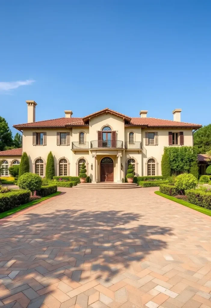 Italian villa with cream facade, terracotta roof, symmetrical design, arched windows, herringbone driveway, and manicured hedges.