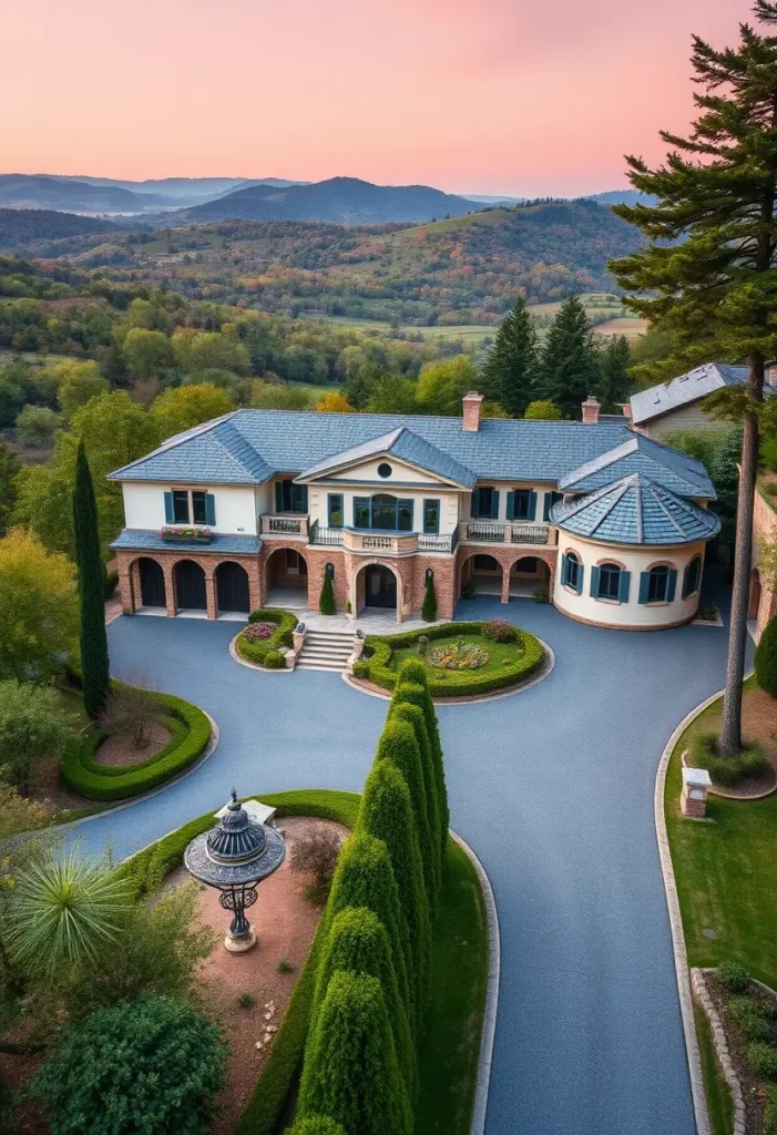 Italian villa with slate blue roof, arched brick accents, circular driveway, manicured gardens, cypress trees, and panoramic hillside views under a pink sunset sky.