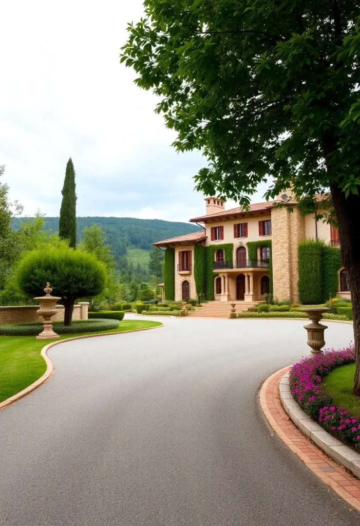 Italian countryside villa with stone facade, terracotta roof, red shutters, ivy-covered walls, curved driveway, and lush landscaping with vibrant flowers and cypress trees.