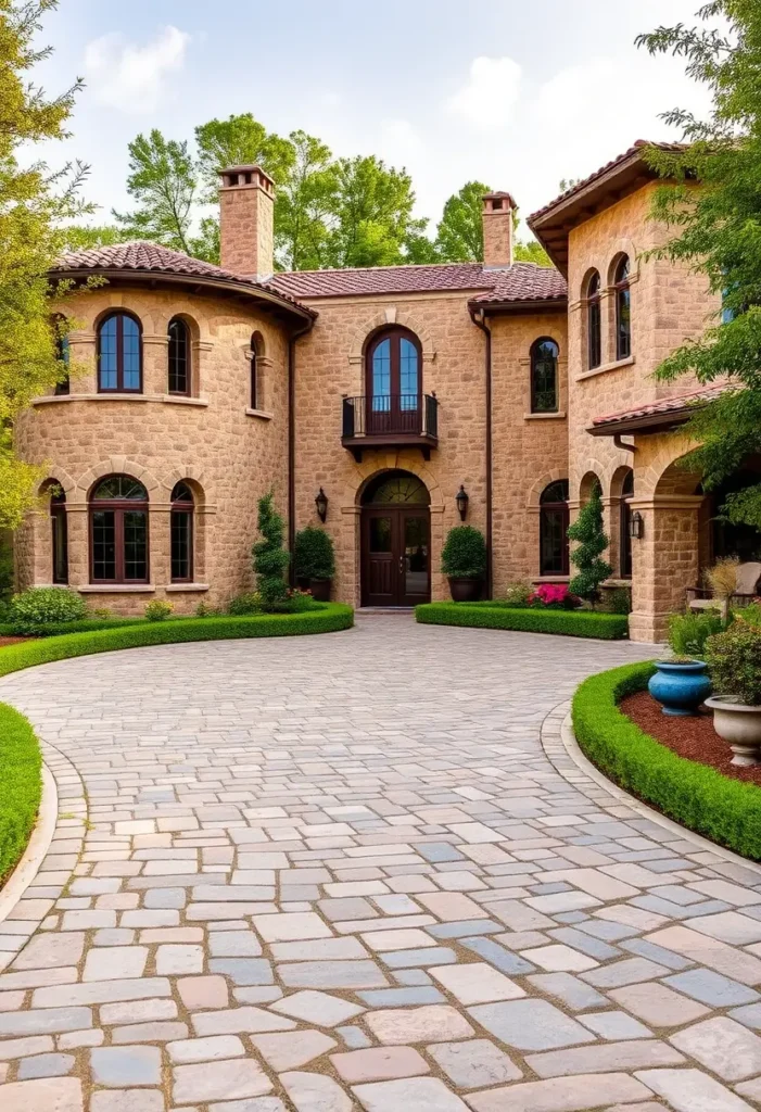 Italian villa with stone facade, terracotta roof, arched windows, curved cobblestone driveway, and lush greenery in a courtyard setting.