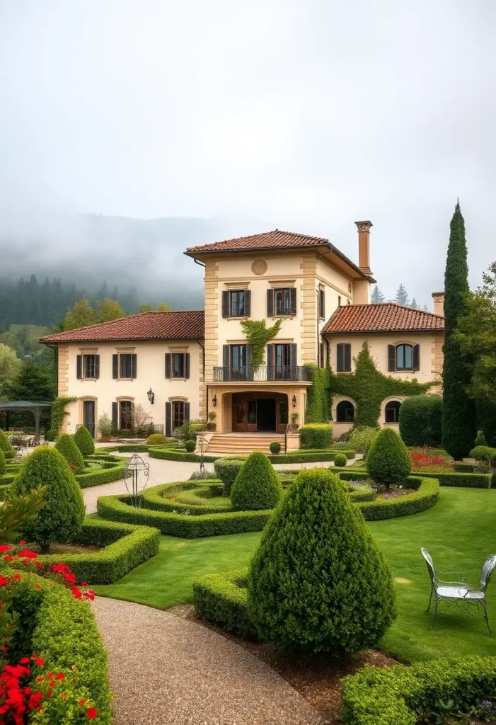 Italian villa with ivy-covered walls, terracotta roof, landscaped garden, sculpted hedges, gravel pathways, and a misty hillside backdrop.