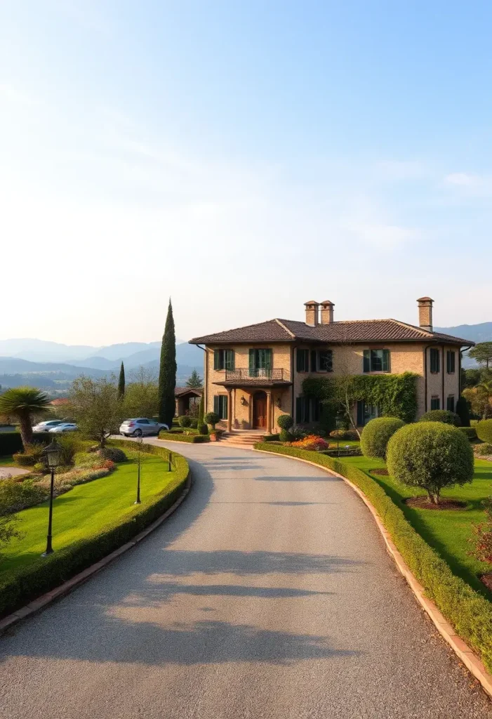 Italian villa with stone facade, terracotta roof, green shutters, curved driveway, manicured hedges, lampposts, and a backdrop of rolling hills.