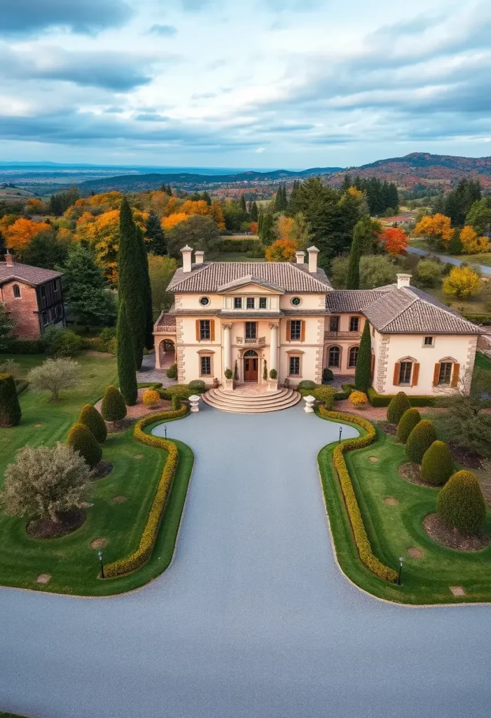 Italian villa with symmetrical architecture, terracotta roof, curved driveway, manicured hedges, topiary trees, and an autumnal countryside backdrop.