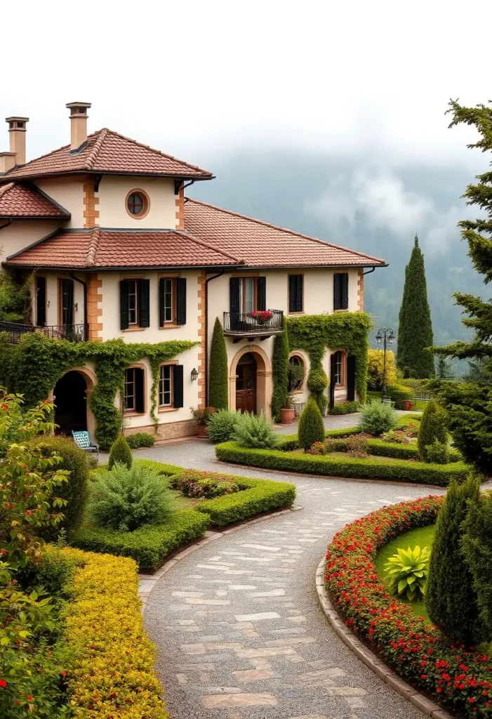 Italian villa with terracotta roof, cream walls, ivy-covered arches, curved garden pathways, vibrant flowers, and a misty hillside backdrop.