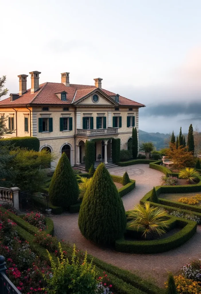 Italian villa with cream facade, terracotta roof, green shutters, manicured hedges, topiary trees, and misty countryside views.