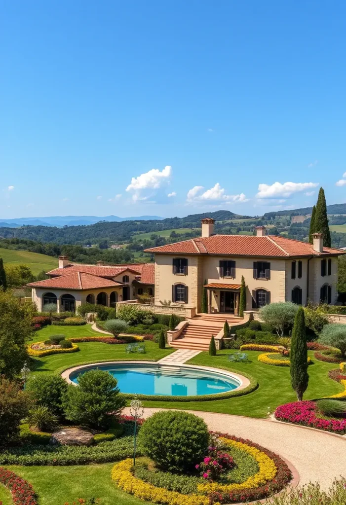 Italian villa with terracotta roof, cream facade, dark shutters, landscaped garden, circular pool, and a backdrop of rolling hills under a clear blue sky.