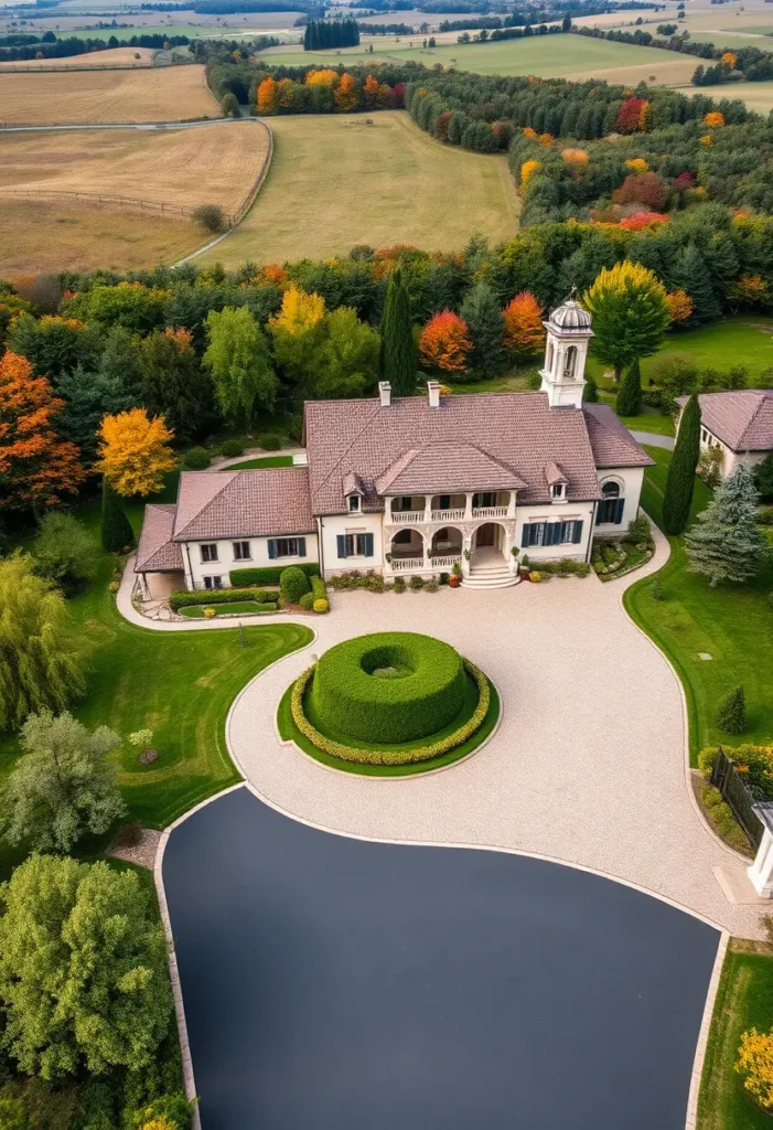 Italian villa with terracotta roof, cream facade, arched windows, circular driveway with sculpted hedge, bell tower, and vibrant autumnal surroundings.