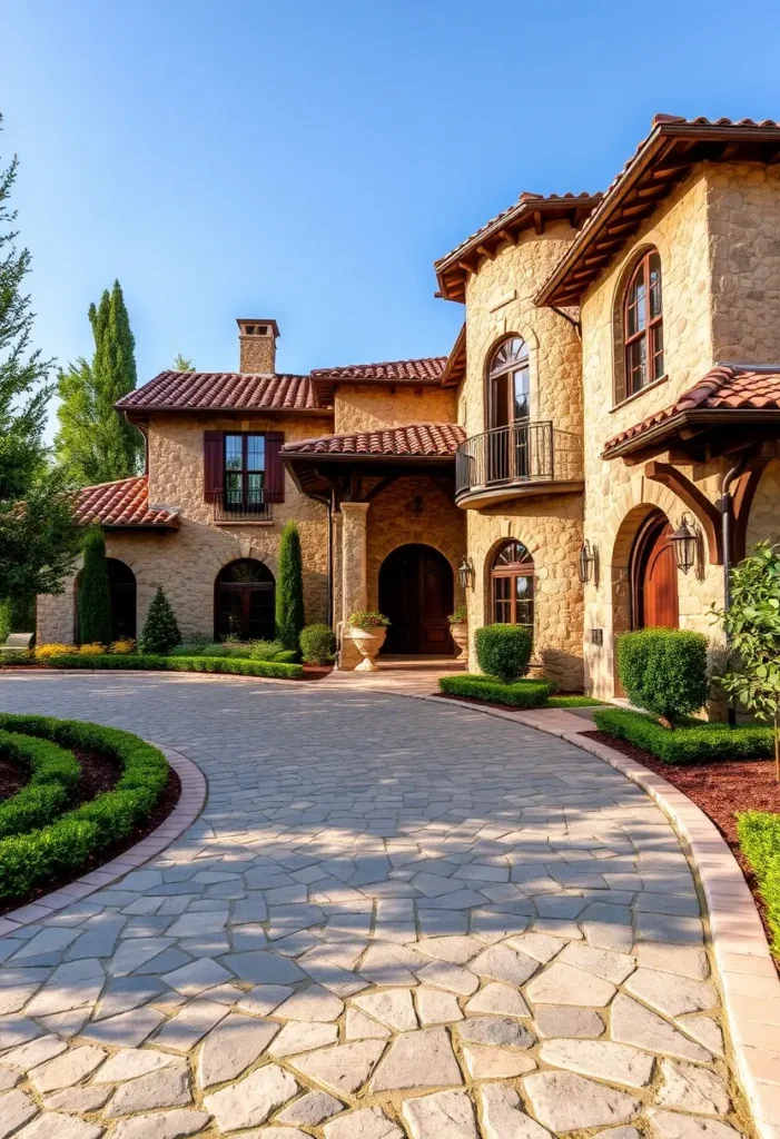 Italian villa with stone facade, terracotta roof, arched doors, cobblestone driveway, manicured hedges, and a wrought iron balcony. Italian Villa Ideas