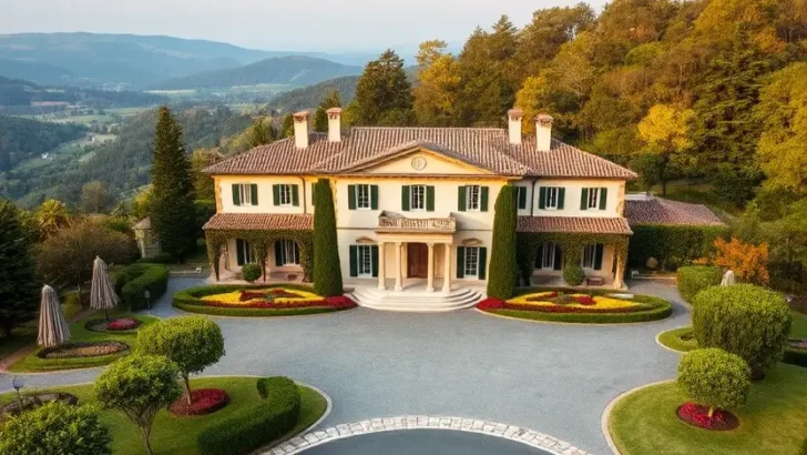 Italian villa with symmetrical facade, terracotta roof, curved driveway, landscaped gardens, cypress trees, and a panoramic hillside backdrop.