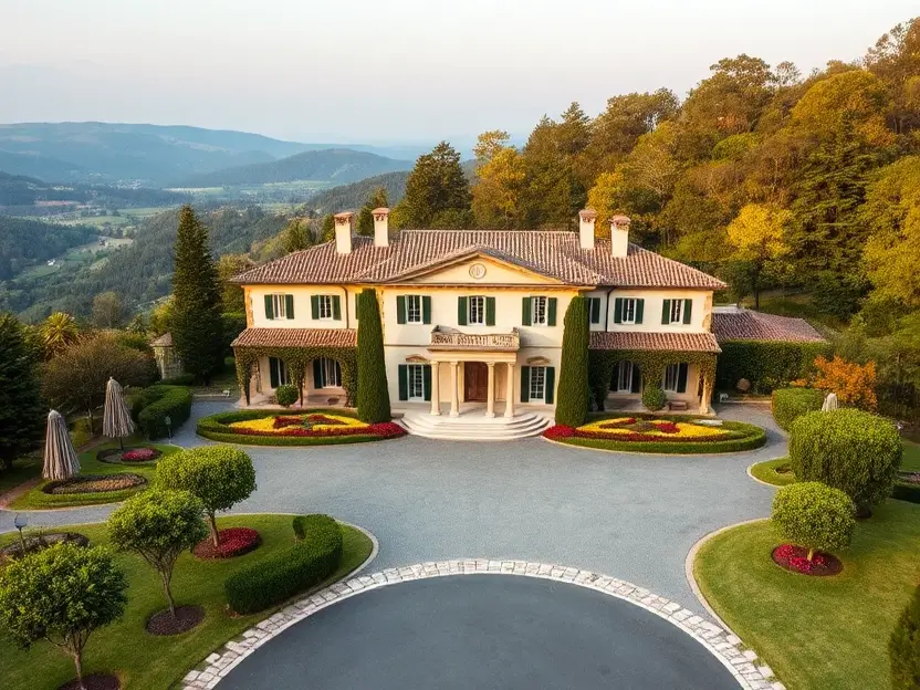 Italian villa with symmetrical facade, terracotta roof, curved driveway, landscaped gardens, cypress trees, and a panoramic hillside backdrop.