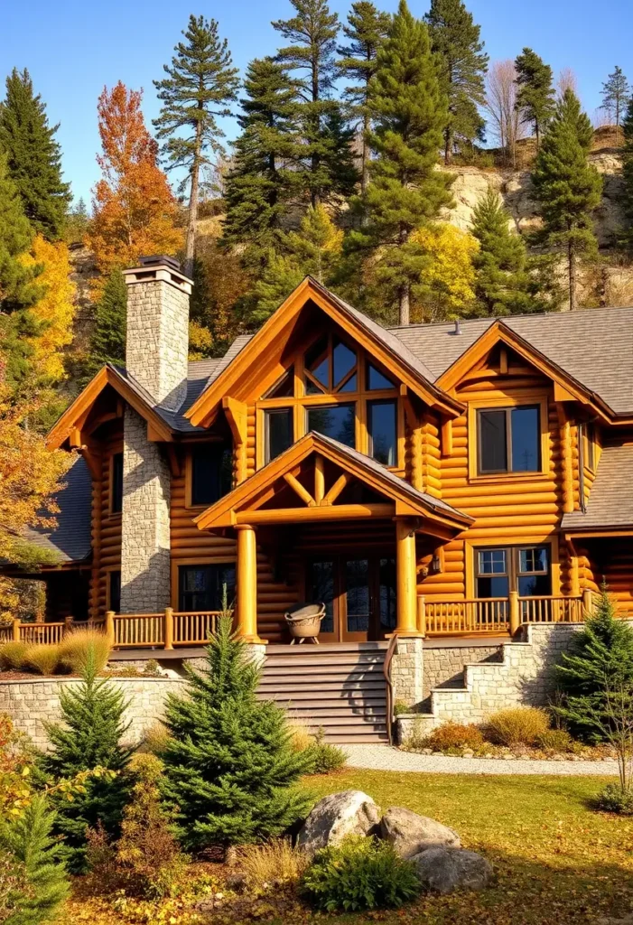 Log cabin exterior featuring a stone chimney and surrounded by lush greenery.