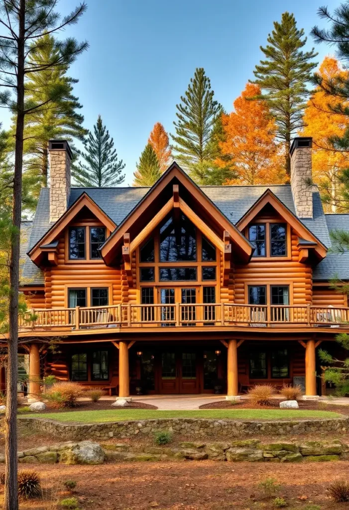  Log cabin exterior with large glass windows and a wraparound deck.