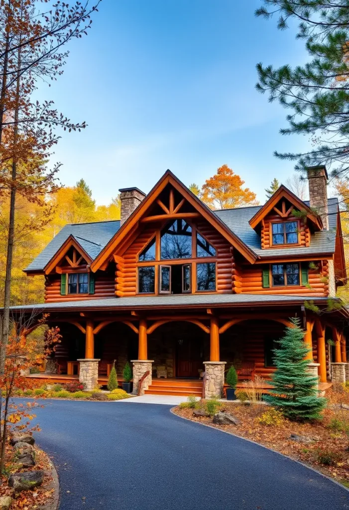 Log cabin exterior with arched beams, stone columns, and a circular driveway.