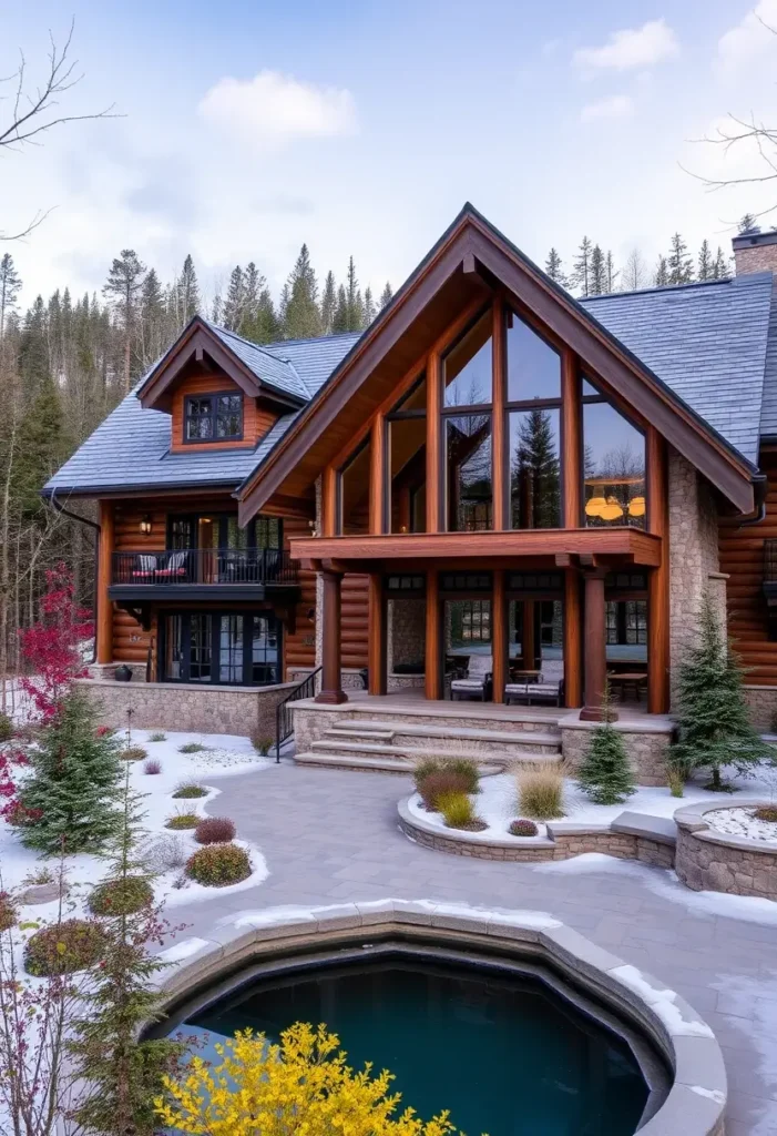 Log cabin exterior with large glass windows, a pool, and snow-covered landscaping.