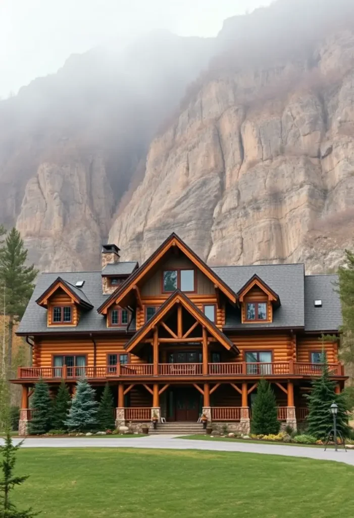 Large log cabin with timber beams and a misty cliff backdrop.