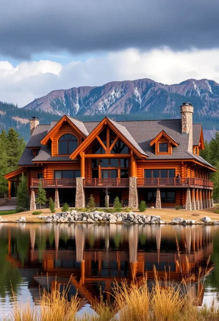 Log cabin by a lake with mountain views and timber columns.