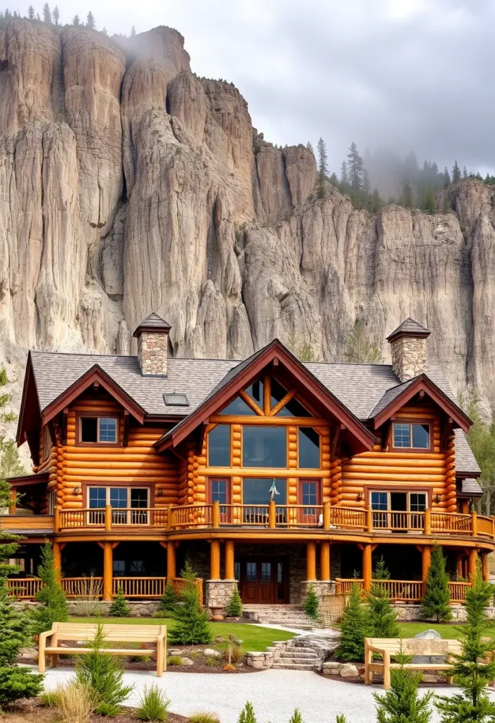 Log cabin with wraparound balconies and dramatic cliffside backdrop.