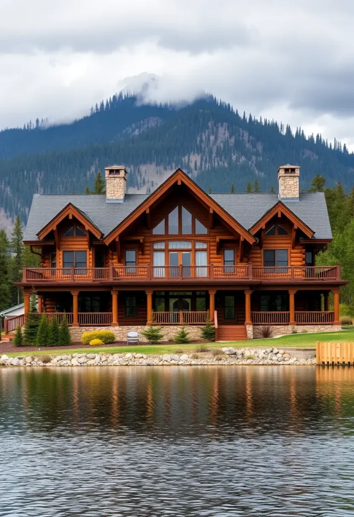 Lakeside log cabin with large balconies and mountain views.