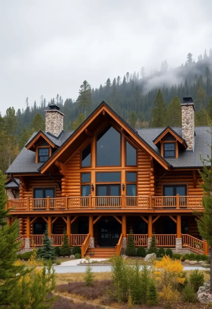 Log cabin with a glass facade, stone chimneys, and a forested backdrop.