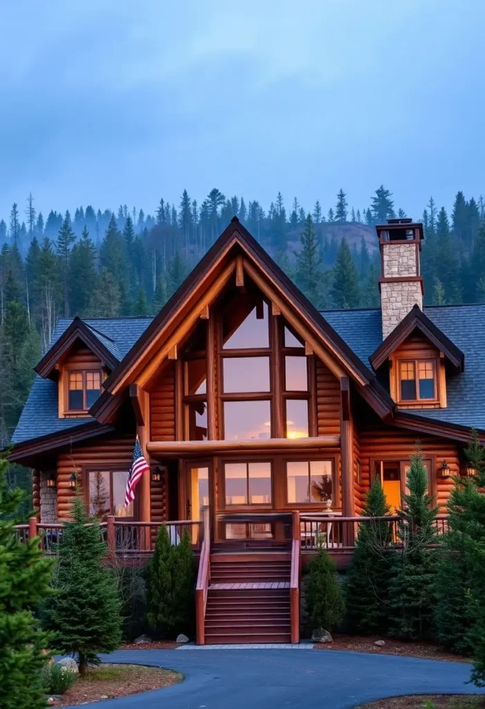 Log cabin with glass front and warm interior glow, surrounded by trees.