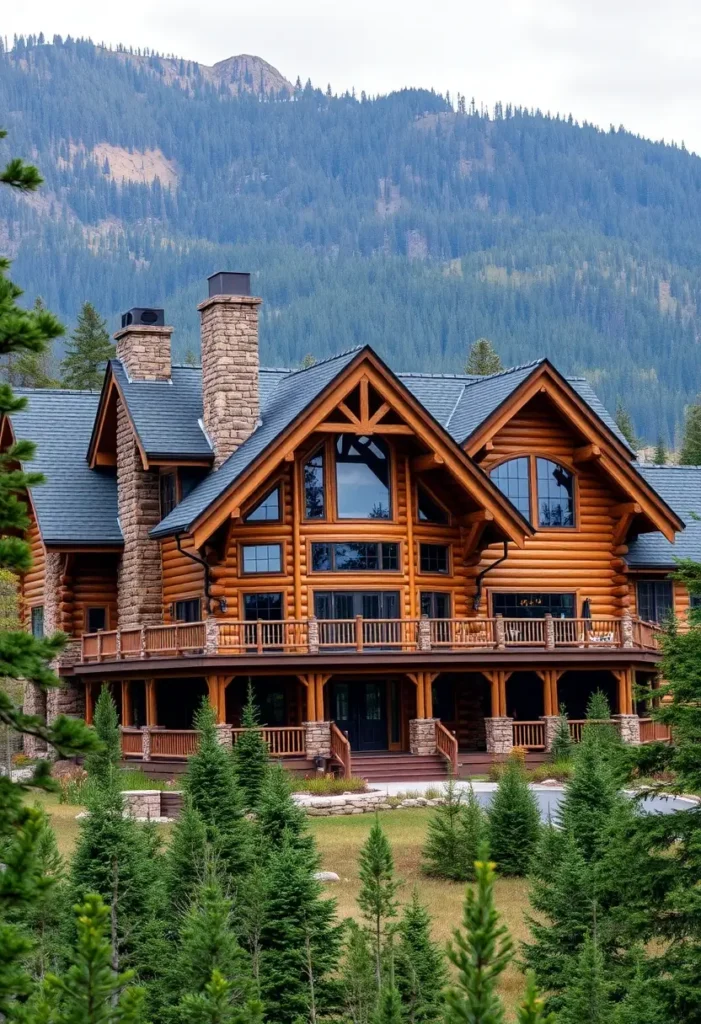 Log cabin with stone chimneys, wraparound balconies, and forested mountains.