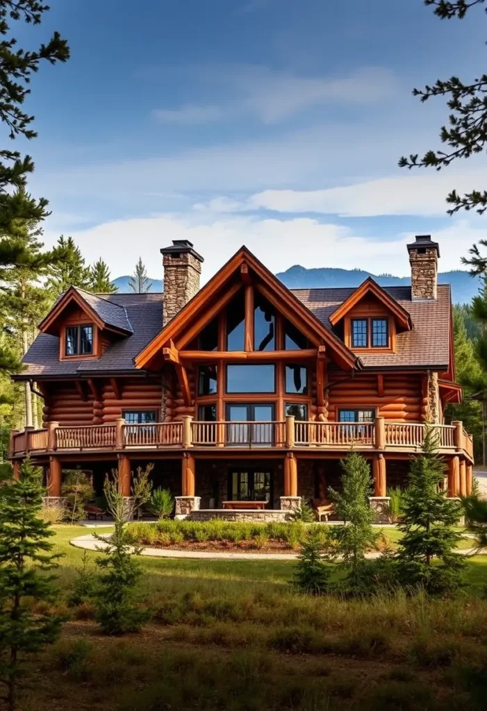 Log cabin with wraparound balcony and tall stone chimneys amidst greenery.