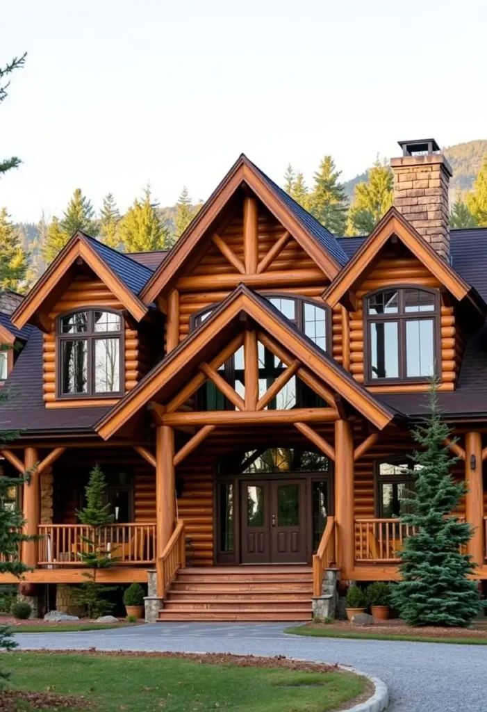 Log cabin with arched windows, wooden entrance, and stone chimney.