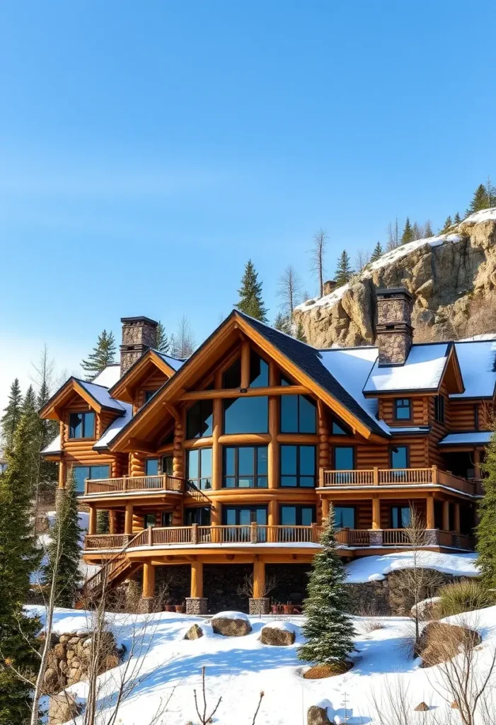 Log cabin with large glass windows, snow-covered roof, and rocky backdrop.