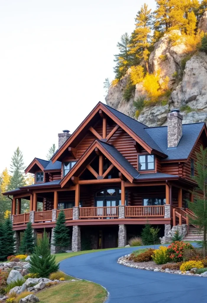 Log cabin with wraparound veranda, stone chimneys, and cliff backdrop.