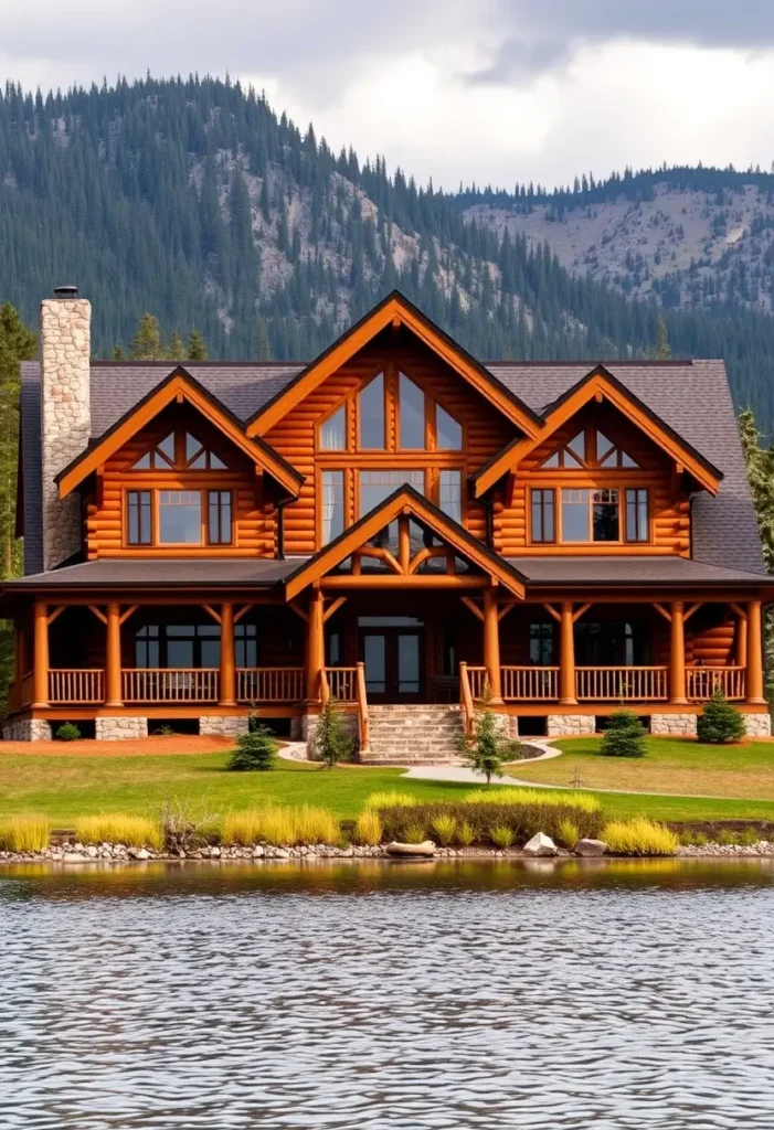 Log cabin with lakeside setting, timber construction, and mountain views.