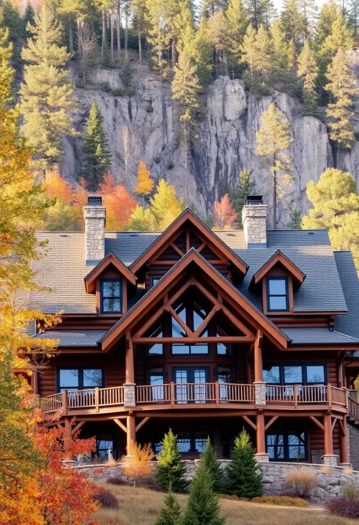 Log cabin surrounded by fall foliage and a towering cliff.