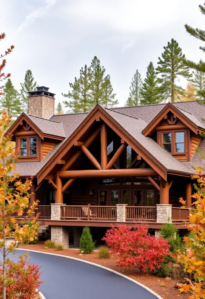 Log cabin with stone chimney, wraparound porch, and autumn trees.