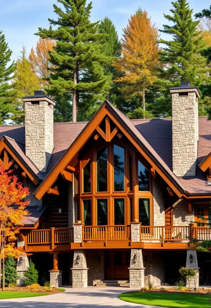 Log cabin with large glass windows, stone accents, and vibrant trees.