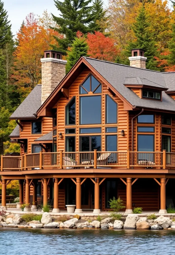 Lakeside log cabin with large glass windows, wraparound deck, and stone chimneys.  Epic Modern Log Cabins