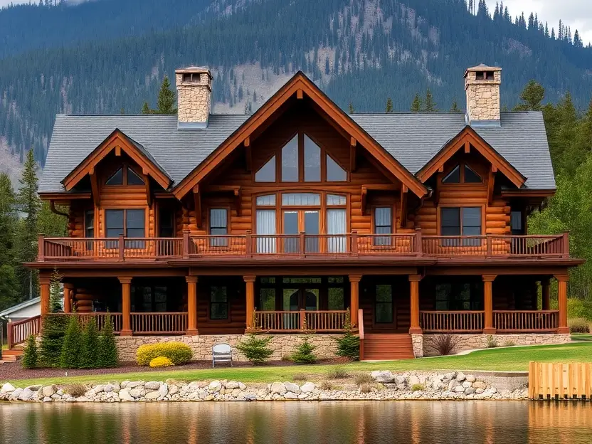 Lakeside log cabin with large balconies and mountain views.