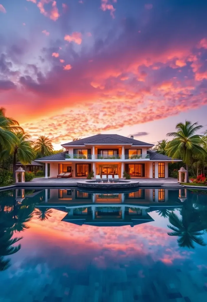 Tropical mansion with an infinity pool and a vibrant sunset sky surrounded by palm trees and greenery.