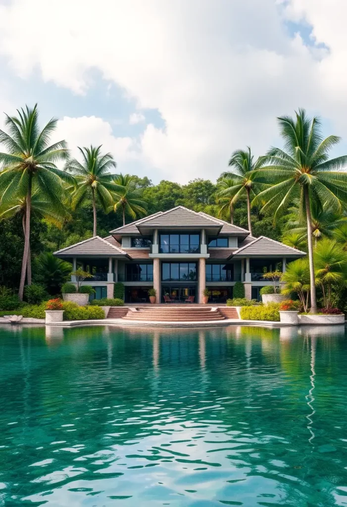 Luxurious tropical mansion surrounded by palm trees and lush greenery, overlooking a serene turquoise pool.