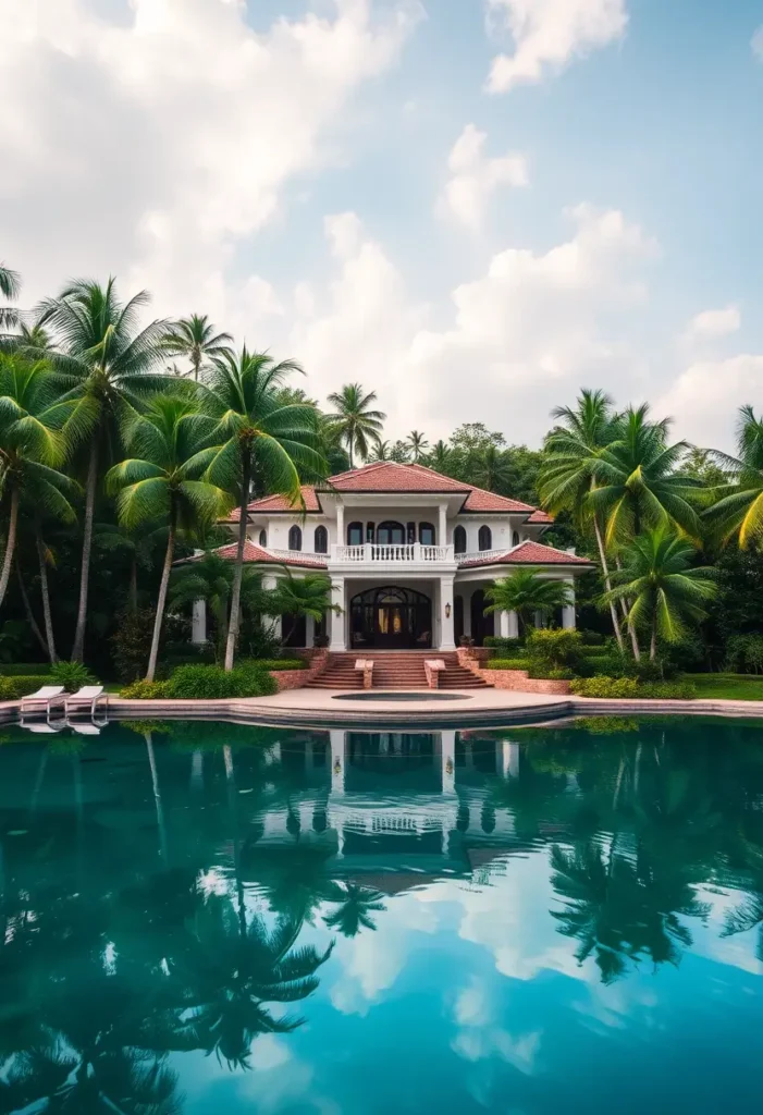 Mediterranean-style tropical mansion with red-tiled roofs, arches, and a serene pool surrounded by palm trees.