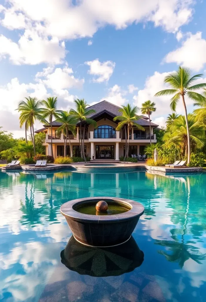 Tropical mansion with a large fountain centerpiece in a serene pool, surrounded by palm trees and lush landscaping.