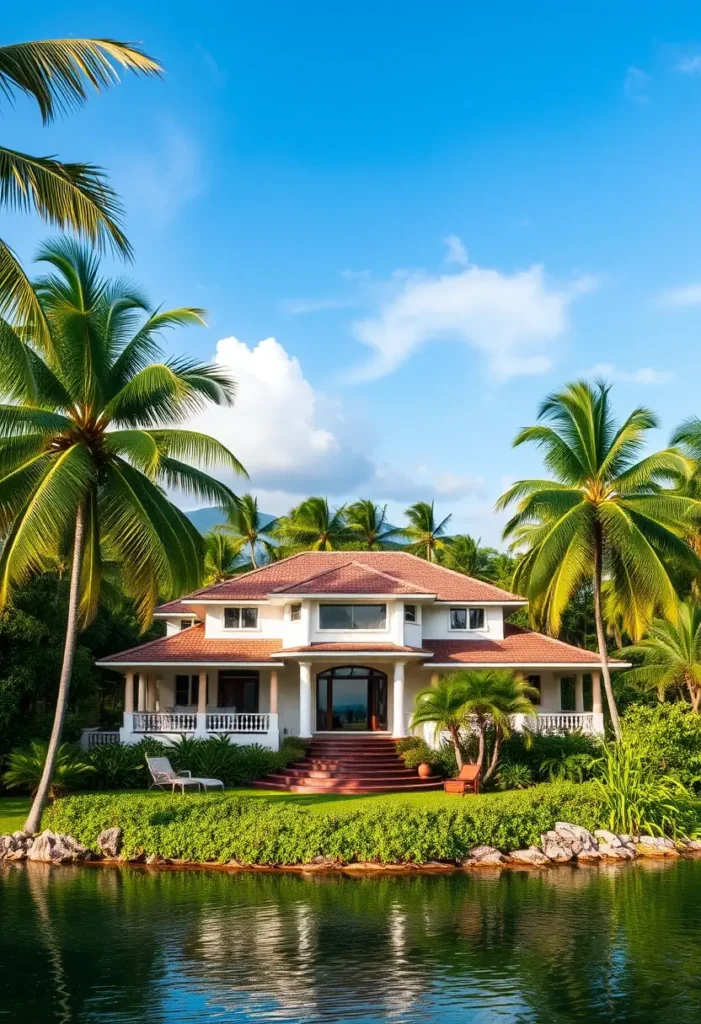 Tropical lakefront mansion with a red-tiled roof, surrounded by palm trees and lush greenery.