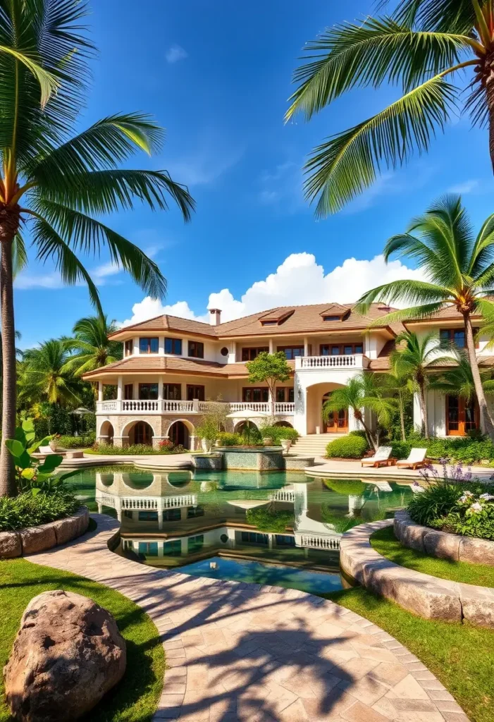 Luxurious tropical mansion with arched balconies, a serene pool, and palm-fringed pathways surrounded by lush greenery.