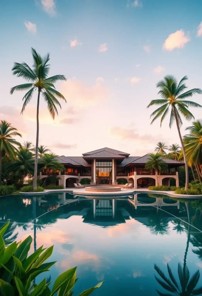 Tropical mansion with a large pool reflecting a soft sunset, surrounded by palm trees and lush landscaping.