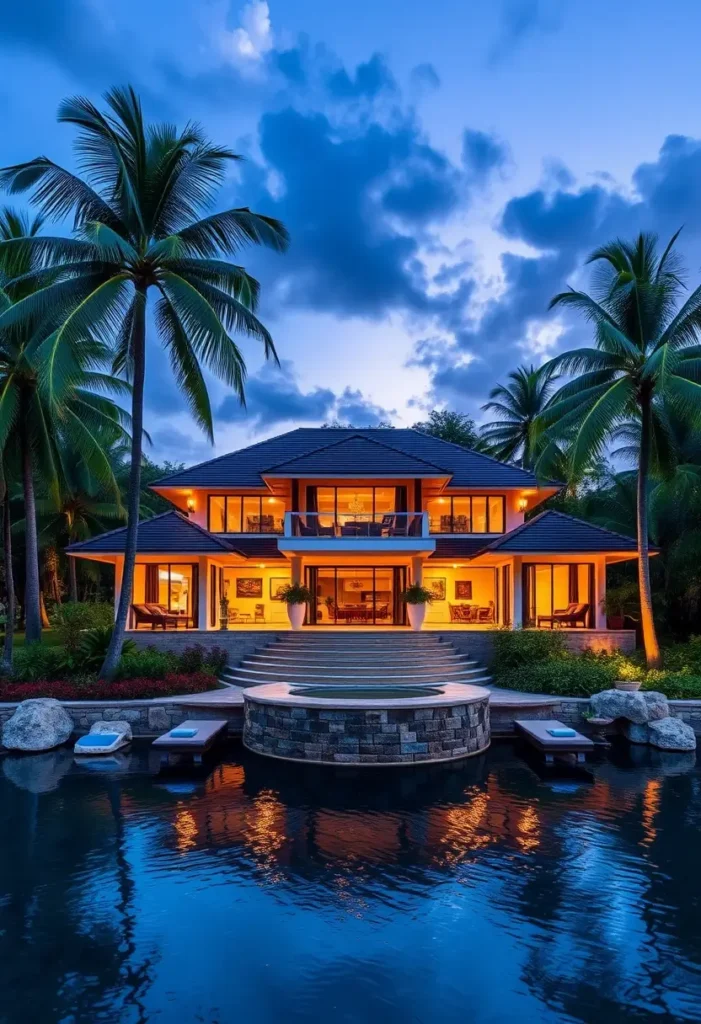 Tropical mansion at twilight with warm golden lighting, surrounded by palm trees and reflecting on a serene water feature.