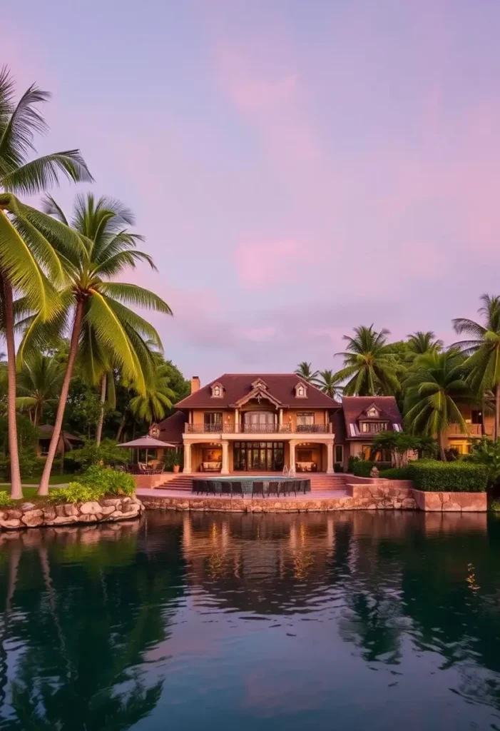 Tropical mansion under a pink evening sky with a serene water reflection, surrounded by lush palm trees.