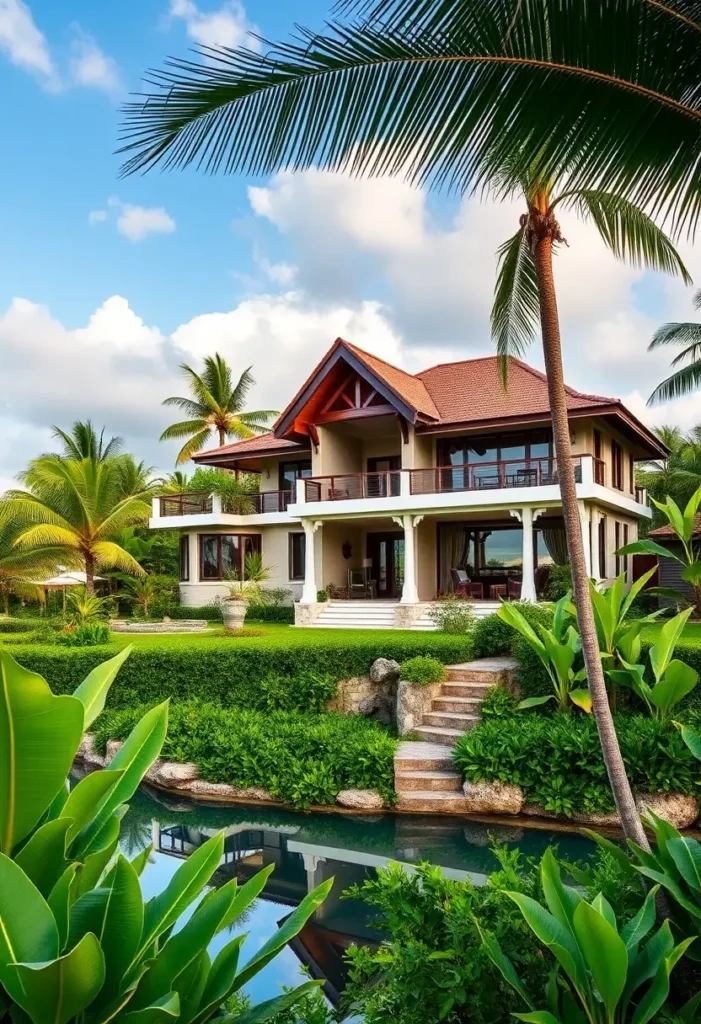 Luxurious tropical mansion with red-tiled roof, lush gardens, and tranquil water features surrounded by palm trees.