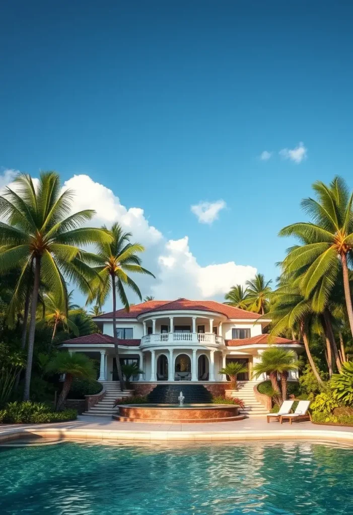 Tropical mansion with stately columns, a red-tiled roof, a fountain, and a pool surrounded by palm trees and greenery.