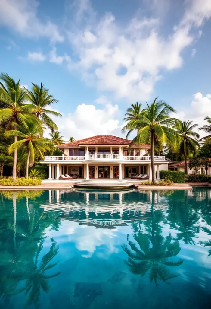 Tropical mansion with a red-tiled roof, spacious poolside, and lush greenery surrounded by palm trees.