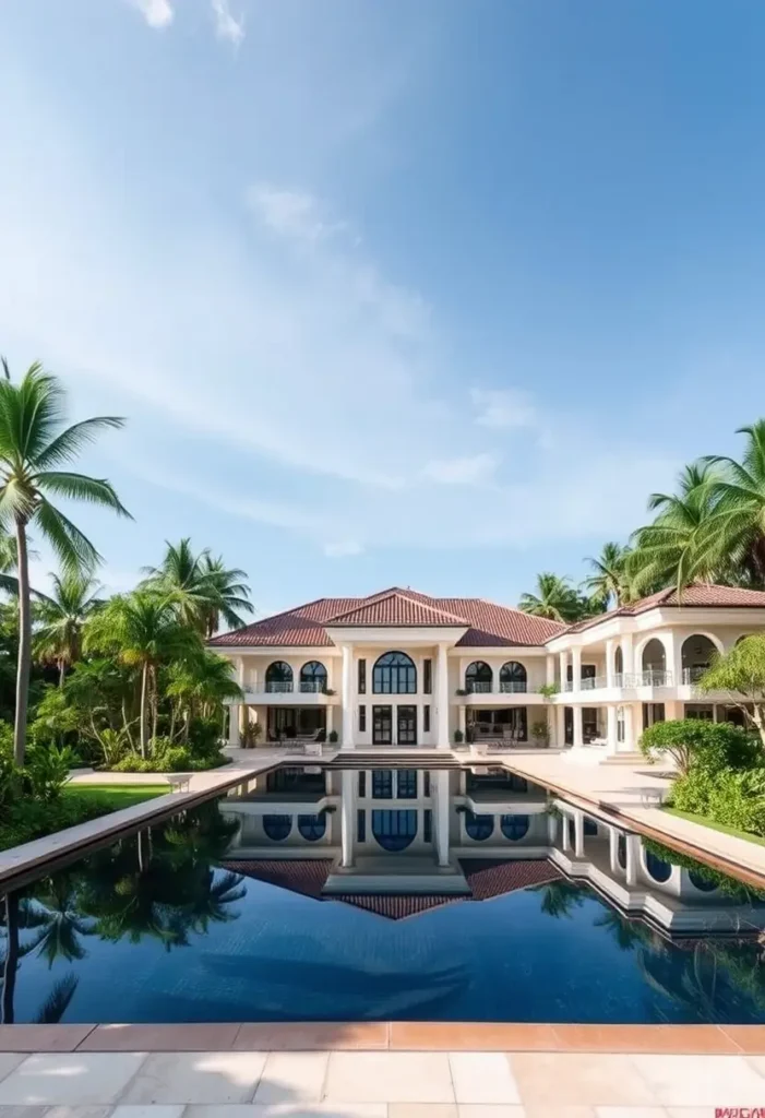 Tropical mansion with a red-tiled roof, grand reflective pool, and lush palm trees under a bright blue sky.